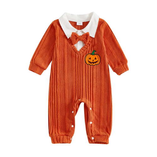My First Halloween Baby Boy Outfit Newborn Pumpkin Embroidery Knit Romper Long Sleeve Lapel Jumpsuit with Bowtie Infant Christmas Clothes