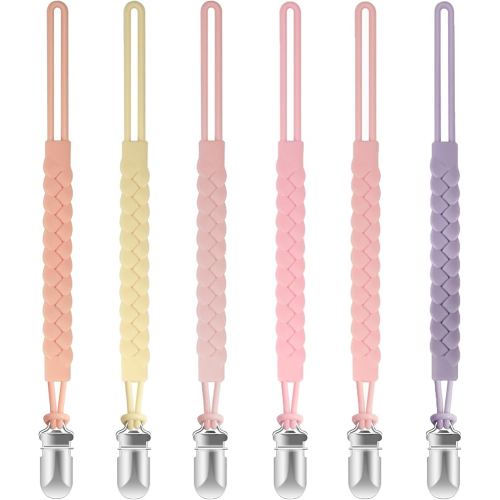 TenderBabe Silicone Pacifier Clip for Baby Girls and Boys, Pack of 6 Soft Flexible Paci Binky Clips with One-Piece Braided-Style Design,BPA-Free Baby Essentials