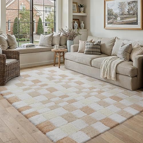 5x8 Checkered Area Rug Beige Fluffy Shag Living Room Throw Rug Washable Non-Slip Soft Pile Fuzzy Carpet for Bedroom Dorm Bathroom Dining Room Home Aesthetic Decor Indoor
