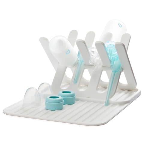 Munchkin Bottle Drying Rack and Mat, Holds 8 Bottles, Pump Parts, Pacifiers, & Accessories, Space Saving Folding Design, Home and Travel Use, Silicone, White