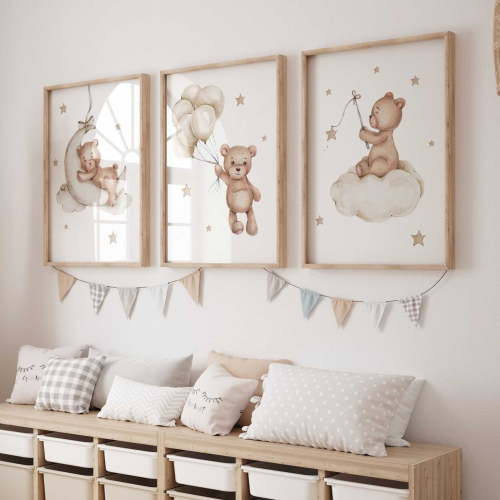 3pcs/ set Teddy Bear Nursery Wall Art Prints, Bear Nursery Decor, Bear, Moon, Balloons, Nursery Kids Decor, Baby Neutral Prints, Nursery Art, Kids Room Wall Art, Unframed