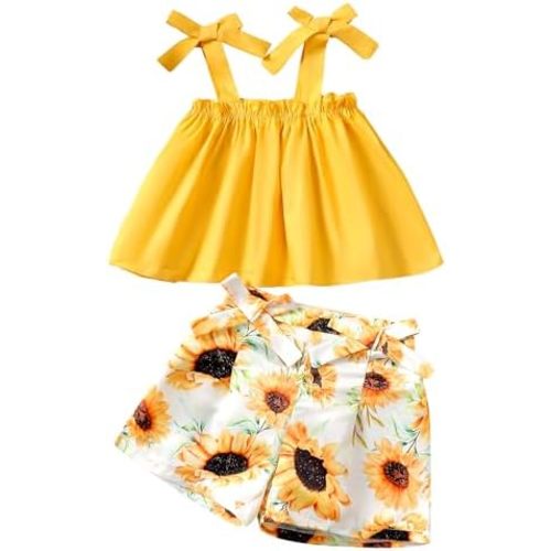 Kucnuzki Toddler Baby Girl Clothes Summer Outfits Ruffle Sleeveless Linen Shirt Kid Short Set for Girl