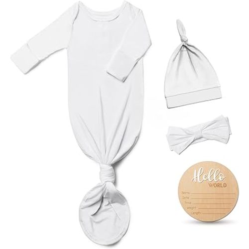 Hello World Newborn Outfit Knotted Gown 0-3 Months, Baby Girl Boy Coming Home Sleeper with Sign