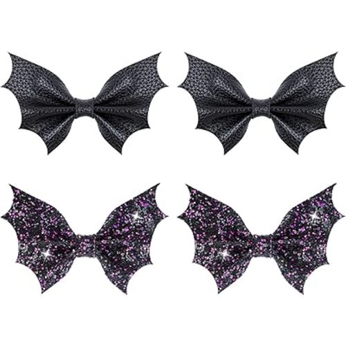 Black Bat Hair Bow Clips, 2 Pcs PU Leather & Glitter Halloween Hair Clips with Alligator Clips, Baby Girl Toddler Halloween Bat Hair Clip, Infant Cosplay Costume Hair Accessories