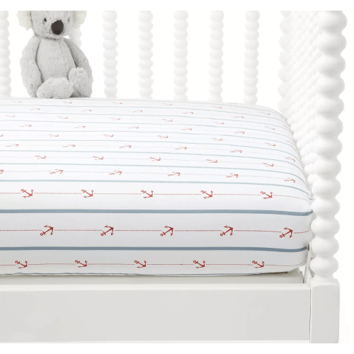 Coastal Blue/Lobster Borderline Stripe Crib Sheet | Serena and Lily