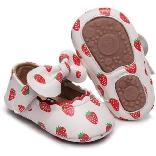 Clowora Infant Toddler Baby Girl Dress Shoes Mary Jane First Walking PU Leather Princess Wedding Rubber Sole Non-Slip with Bowknot Floral Flats