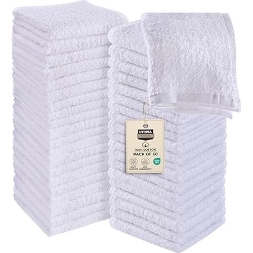 Utopia Towels 60 Pack Cotton Washcloths Set, 100% Ring Spun Cotton, Premium Flannel Face Cloths, Highly Absorbent and Soft Feel Fingertip Towels, White