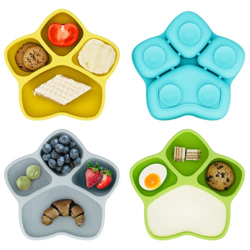 HEYTUYA 4 Pack Suction Plates for Baby & Toddler, 100% Food-Grade Silicone, 4 Large Divided Design, Microwave & Dishwasher Safe