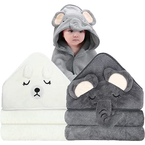 2 Pack Hooded Baby Towels - Premium Ultra Soft Organic Baby Bath Towel – Absorbent and Hypoallergenic Towels for Baby Boy Girl, Toddler, Newborn Essentials (Elephant & Bear)