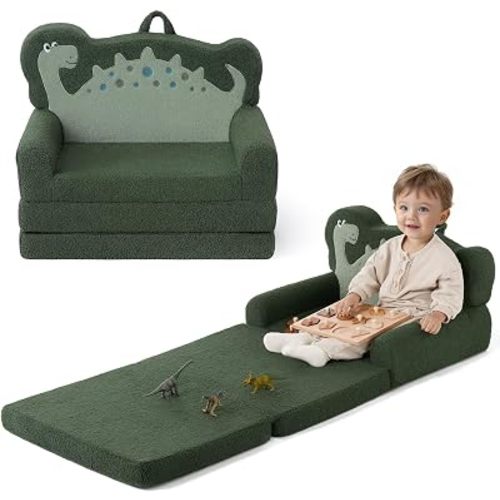 Blissful Diary Foldable Kids Couch, 2-in-1 Kids Sofa Chair, Green Dinosaur