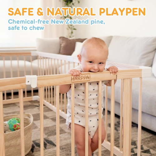 "HARPPA Wooden Baby Gate Playpen, Safety Kids Playard, Adjustable Shape, 81"" x 73"" x 24"
