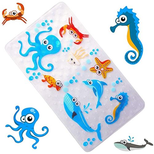 WARRAH Non Slip Bath Mats for Tub for Kids,Babies,Childrens,Toddlers,Size 27.5" L x 15.7" W,Slip Resistant Grippers Bathtub Mats for Shower,Machine Washable (Sea World FHD-01)