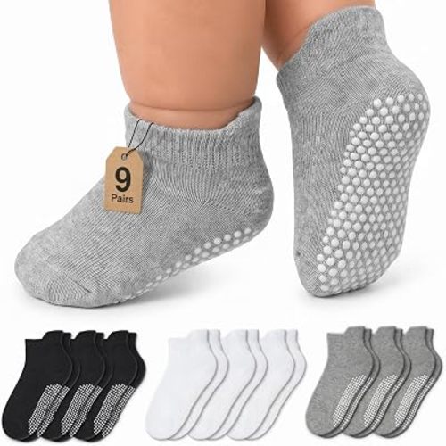 Infinno Baby Non Slip Ankle Socks 9 Pairs - Toddler Socks with Grips for Kids, Infants Boys and Girls 6-24 Months, 1T-7T