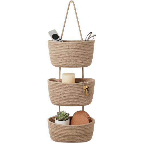 Hanging Wall Basket, Over the Door Hanging Basket with Hooks, Cotton Back of Door Organizer for Living Room, Bedroom, Boho Wall Decor, Toy Storage, Jute