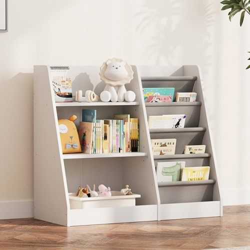 NACHES 3 Tier Kid Bookshelf Wooden 4 Sling Children Bookcase Toddler Adjustable Book Rack Display Toy Storage Organizer Book Display Shelf Classroom Bedroom Nursery Playroom,25inch (White, Small)