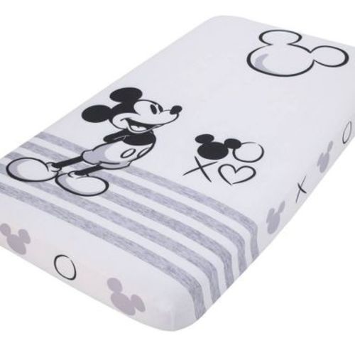 Disney Mickey Mouse & Black Photo Op Fitted Crib Sheet - Gray/Ivory: 150 Thread Count, Polyester, Standard Crib