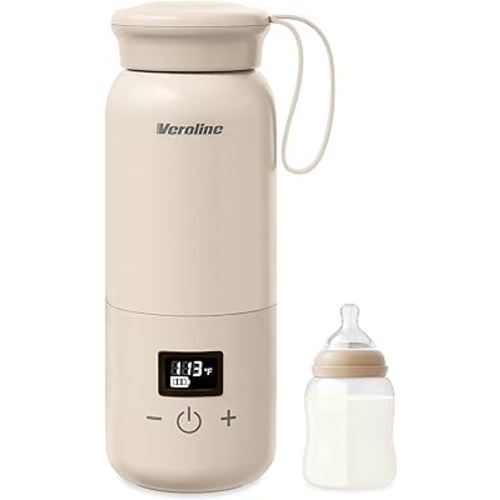 Portable Bottle Warmer for Travel, 10 Oz Baby Botle Warmer with Adjustable Temperature & Keep Warm for Formula, Breastmilk, Cordless Milk Warmer, Rechargeable Water Warmer for Outdoor (Beige)