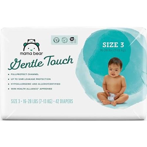 Amazon Brand - Mama Bear Gentle Touch Baby Diapers, Size 3, 42 Count, Wetness Indicator, Stretchy Waistband, Skin Health Alliance Approved