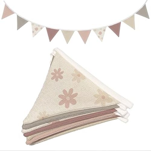 Pink Pennant Banner Toddler Girls Room Wall Decor,Vintage Baby Girl Bedroom,Garland Triangle Banners Boho Daisy Flower,11Ft Pennant Banner Bunting Flags Fabric for Baby Shower Birthday Party