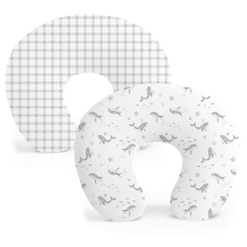 Konssy 2 Pack Nursing Pillow Covers, Stretchy and Soft Nursing Cover for Breastfeeding Pillows, Pillow Slipcover for Baby Girls Boys Newborn (Starry Whales,Cozy Grid)