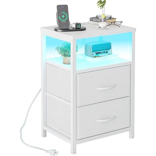 TIQLAB End Table with Charging Station, Side Table with 2 Fabric Drawers and Outlets, Nightstand with Cloth LED Light, Couch Table for Bedroom, Living Room, Small Spaces, White