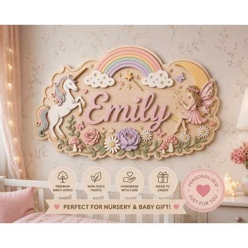 Personalized Wooden Unicorn Fairy Name Sign, Pastel Rainbow Nursery Decor
