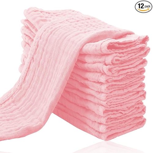 Cute Castle 12 Pack Muslin Burp Cloths for Baby - Ultra-Soft 100% Cotton Baby Washcloths - Large 20'' by 10'' Super Absorbent Milk Spit Up Rags - Burpy Cloths for Unisex, Boy, Girl - Pink