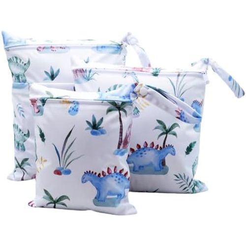 3pcs Cloth Diaper Wet Dry Bags Waterproof Reusable with Two Zippered Pockets Travel Beach Pool Daycare Soiled Baby Items Yoga Gym Bag for Swimsuits or Wet Clothes (3036-3-whitedinosaur)