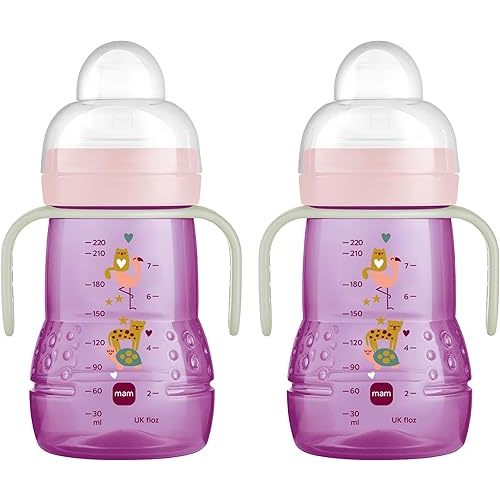 MAM Plastic Trainer Cup, Trainer Drinking Cup with Extra-Soft Spout, Spill-Free Nipple, and Non-Slip Handles, for Girls 4+ Months, Eight Ounces