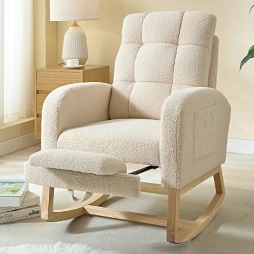 Modern Nursery Rocking Chair, Teddy Upholstered Rocking Chair with Footrest, Comfortable Rocker Glider with Side Pocket, Rocker Glider for Living Room, Bedroom, Nursing Room (Beige)