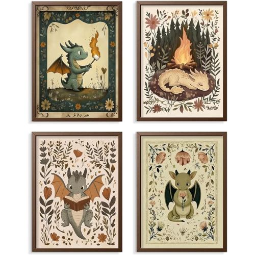 JYZXINWYQ Set of 4 Baby Dragon Nursery Wall Art, Vintage Storybook Fantasy Canvas Prints, Whimsical Woodland Decor for Kids Room Bedroom 16x12 Framed