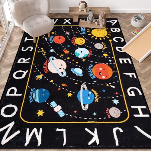 Outer Space ABC Alphabet Educational Rug, 4'11" x 6'7", Non Slip Solar System Galaxy Planets Playroom Rug, Washable Area Rug Carpet for Classroom, Bedroom, Kids Room Decor（for Age 2+）