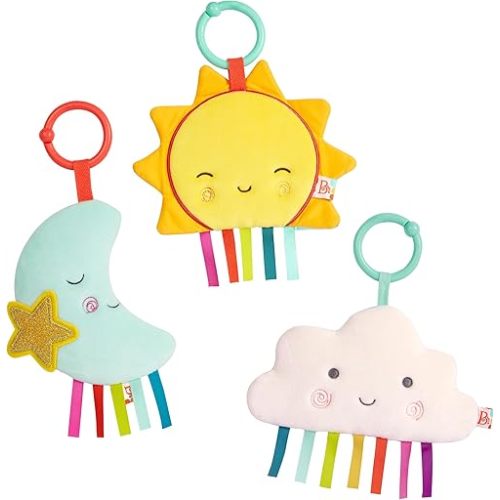 B. toys – 3 Sensory & Crinkle Toys For Newborns, Infants – Ideal for Car Seat, Stroller, Crib – Sun, Cloud, Moon – 0+ Months – Crinkly Wonders