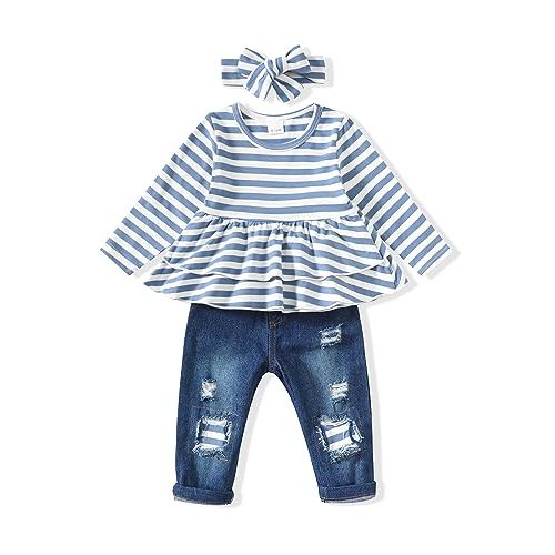 SODLON Baby Girl Clothes Toddler Girls Fall Winter Top Jeans Outfits 9M-5T | Infant Girls Clothing, Long Sleeve Ruffle T-Shirt Denim Pants Set, Cute Baby Outfit for Birthday Gifts, Casual and Photos
