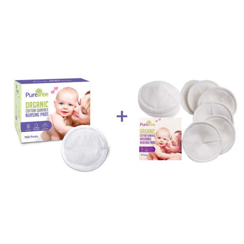 PureTree Organic Cotton Nursing Pads Bundle - 100 Disposable Pads + 10 Reusable Pads