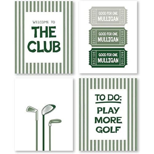 Pleonox Trendy Retro Golf Sports Wall Art Prints 8x10 Inch Set of 4, Sports Room Decor, Retro Green Tickets Golf Pictures Wall Decor for Home Office Living Room Boys Bedroom Playroom, Unframed