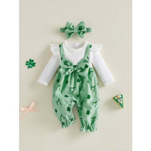 Loicainy Infant Baby Girl Irish Romper 3 6 9 12 Months Clover Bow Print Long Sleeve Fake Two Piece Bow Jumpsuit Headbands 2 Piece Outfits