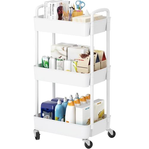Laiensia 3-Tier Rolling Cart with Wheels,Multifunction Utility Storage Carts, Kitchen Storage Organizer,Mobile Shelving Unit for Bathroom,Laundry,with Classified Stickers,White