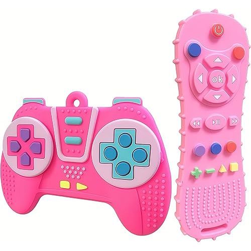 AALFA Baby Teething Toy, Soft TV Remote+Game Machine Shape Chew Set Intellectual Development Intellectual Development Educational Toy,Safe Silicone Toddler Infant (Pink (Handle+Remote Control))