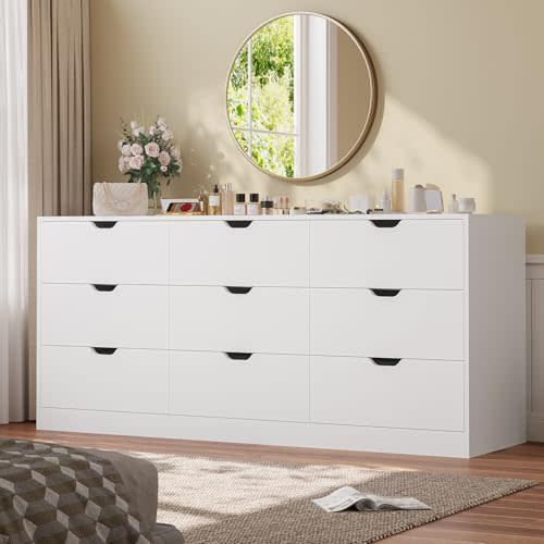 HAUOMS 9 Drawer Dresser for Bedroom, Large White Chest of Drawers for Bedroom,Long Modern Dressers with Drawers for Living Room, Hallway
