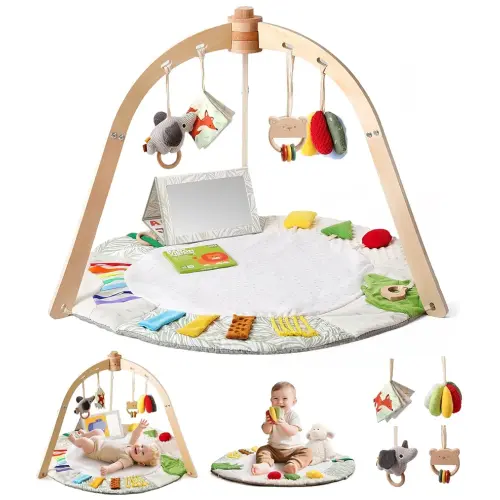 Wooden Baby Play Gym & Tummy Time Playmat – Montessori Sensory Activity Mat with 6 Developmental Toys for Fine Motor Skills – for Newborns to Toddlers (0–12M+)