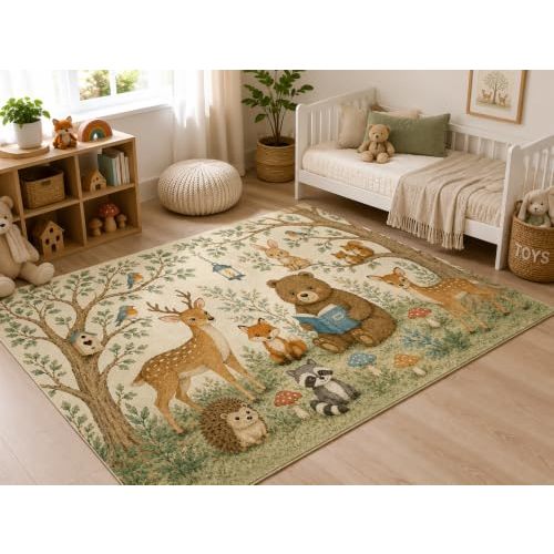 ICE ARMOR 5' x 7' Woodland Forest Friends Area Rug, Soft Low Pile Indoor Rug with Non-Slip Silicone Backing, Storybook Nursery Carpet for Kids Room, Playroom, Kids and Pets, Beige Green
