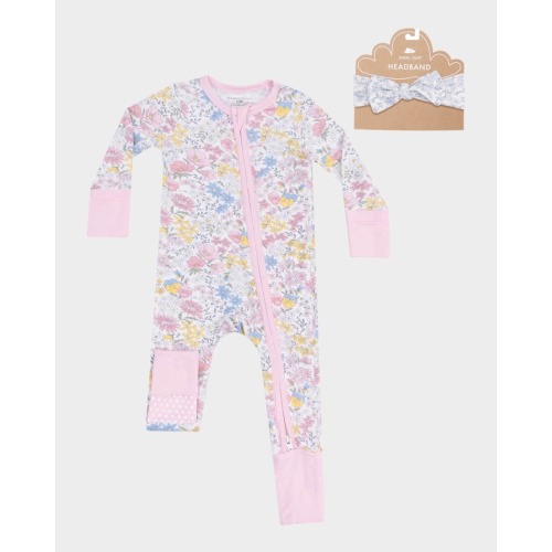Girl's Viola Floral-Print Coverall W/ Headband, Size Newborn-24M