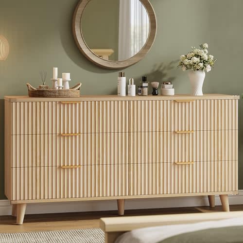 Lulive Dresser for Bedroom Wood Dressers Chest of Drawers, Fluted 53.2" Wide Modern Long Dresser TV Stand 6 Drawers for Bedroom, Closet, Living Room, Hallway (Natural)