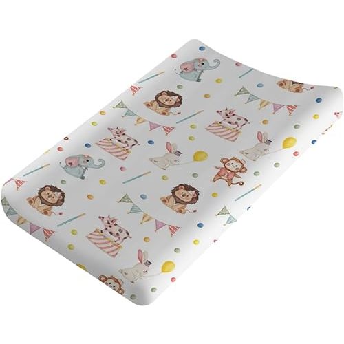 Watercolor Circus Animals Changing Pad Covers Baby Monkey Elephant Rabbit Pig Diaper Changing Table Cover Sheets for Boys Girls Soft Stretchy Fitted Changing Table Mats Cover 32''x16''