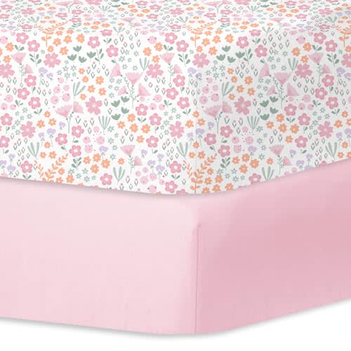 Little Grape Land Crib Sheets 2 Pack, Microfiber Fitted Crib Sheet for Standard Crib Mattress 52"x28"x8", Soft and Neutral Baby Crib Sheets for Boys and Girls, Breathable & Easy Care, Petal Meadow