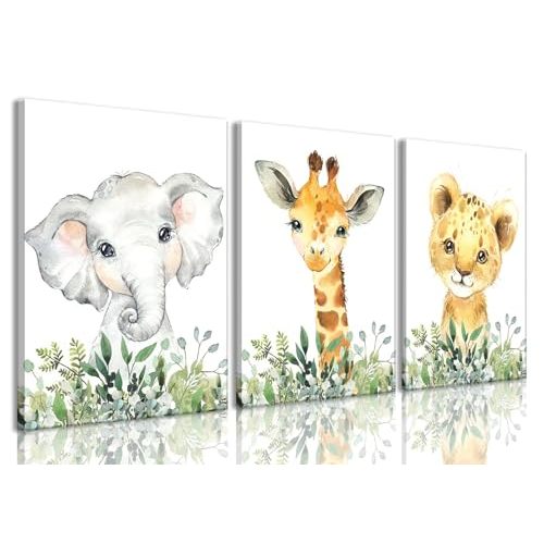 Wodkwq Safari Nursery Wall Art Baby Animal Canvas Prints Girl Boy Room Decor Poster Toddler Room Decoration Jungle Watercolor Painting Pictures Set of 3 for Kids Bedroom Bathroom 12x16in Framed