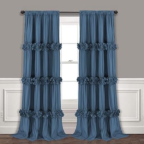 Thermal Insulated Blackout Window Curtains, 54" W x 84" L x 2 Panels, Boho Ruched Window Treatments with 3 Rows of Butterfly Flowers, Rustic Rod Pocket Drapes, Dusty Blue (LQ-30)