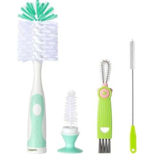 Baby Bottle Brush Set with Suction, Hidden Cleaner & Straw Brush, Green