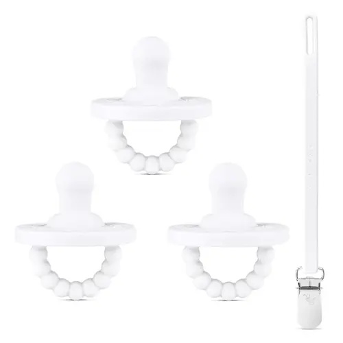 Ryan & Rose Cutie PAT Pacifier Teether 3 Pack and Flex Clip (Flat, White)